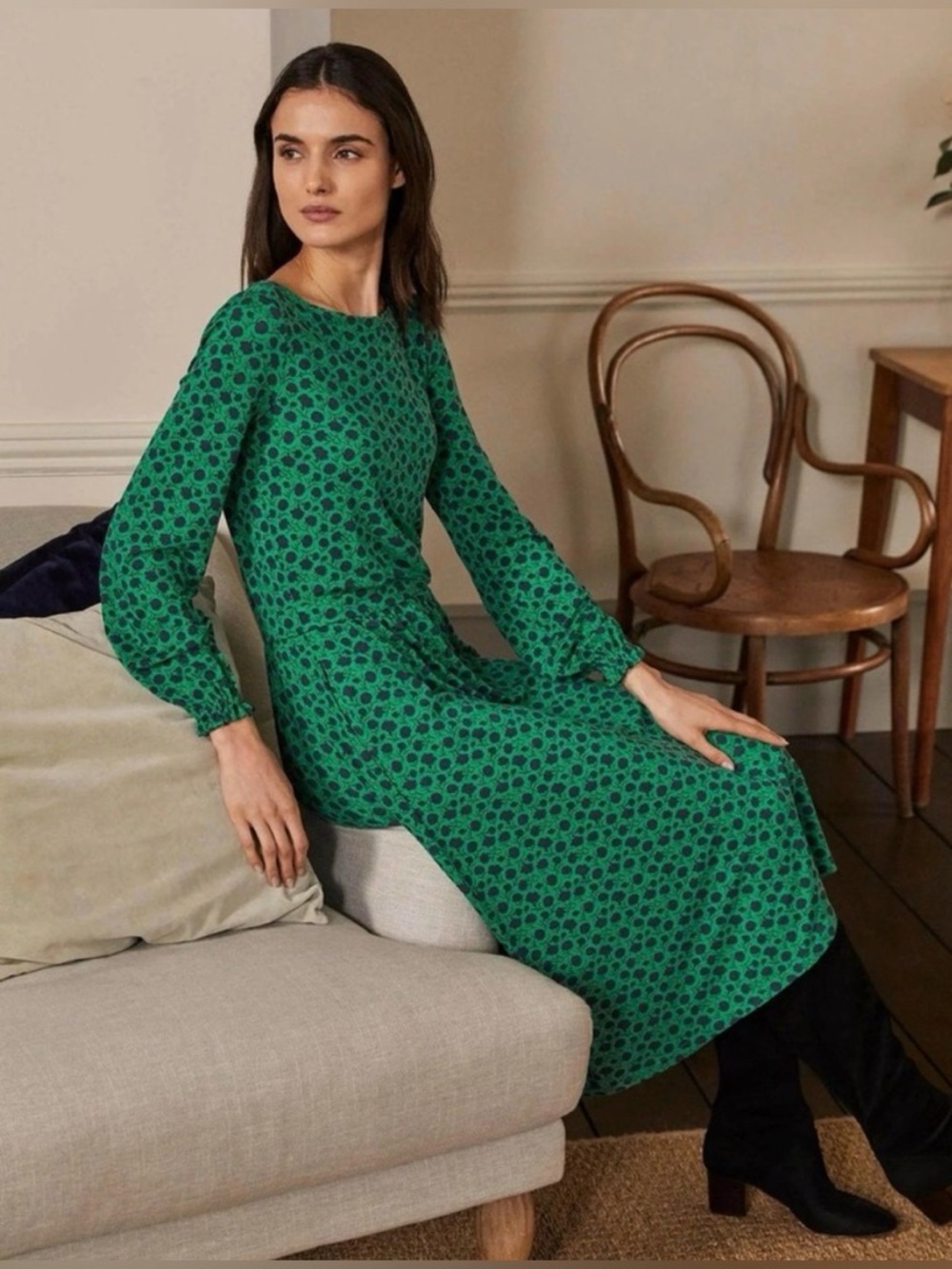 Boden Evelyn Jersey Midi Dress-Green Printed